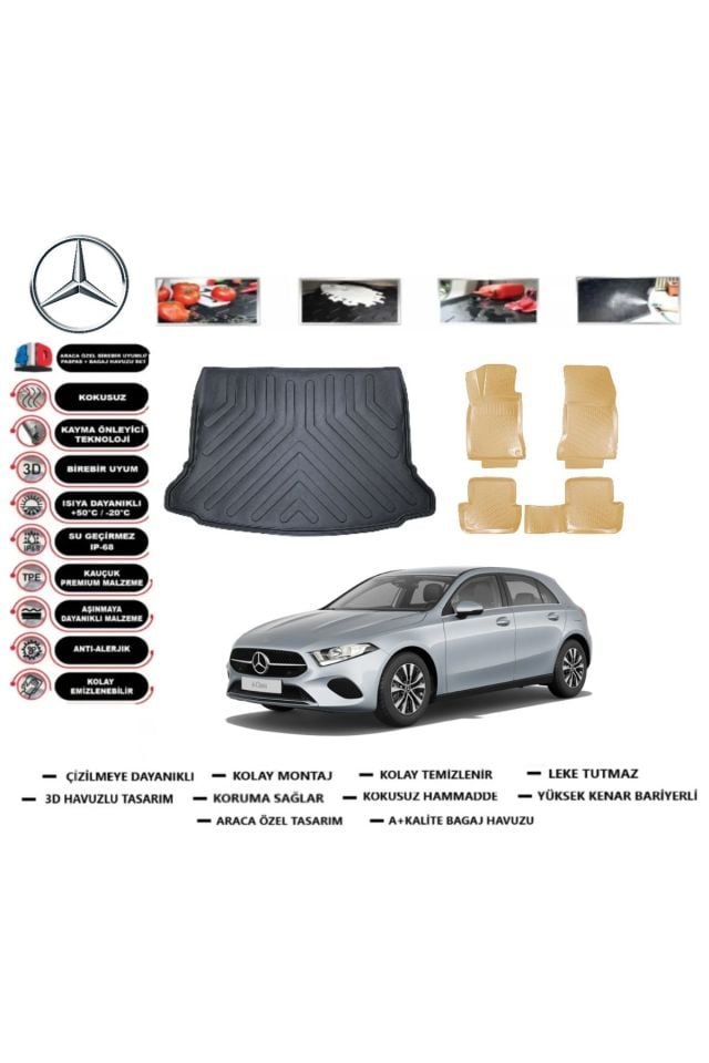 Mercedes A Serisi W177 HB Kulaksız 2024 Model Bagaj Havuzu+Araca Özel Bej Paspas Takımı Flex