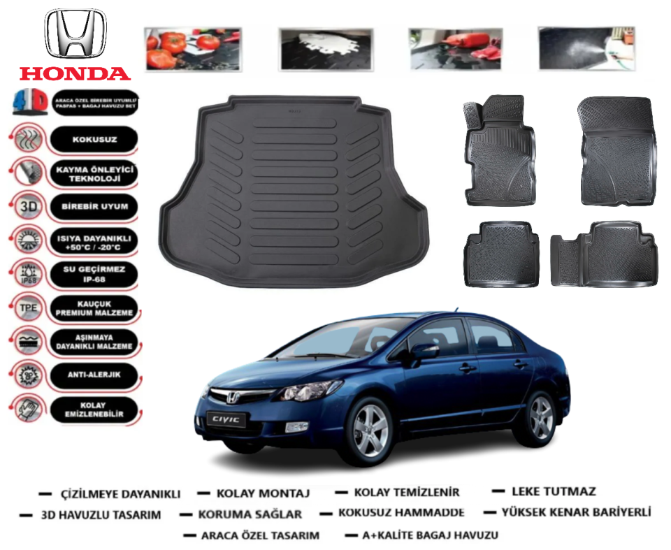 Honda Civic 2006-2011 3D Bagaj Havuzu+3D Araca Özel Paspas Takımı