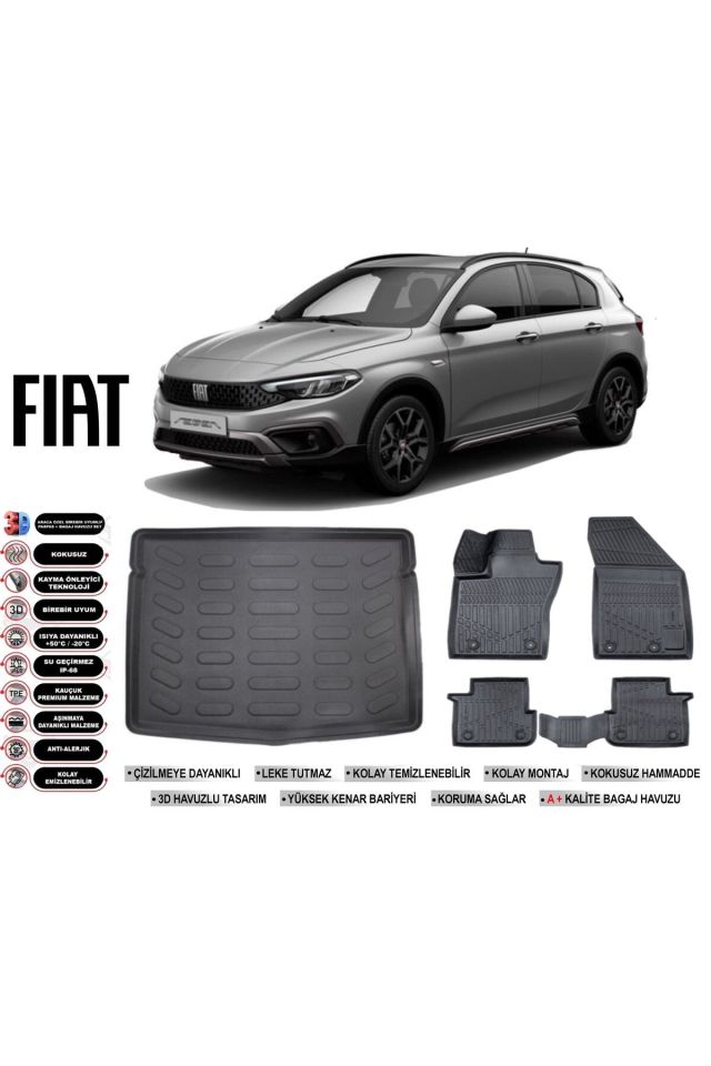 Fiat Egea Cross 2018 Model Uyumlu  Stepneli Bagaj Havuzu Araca Özel Siyah Havuzlu Paspas Takımı Sett