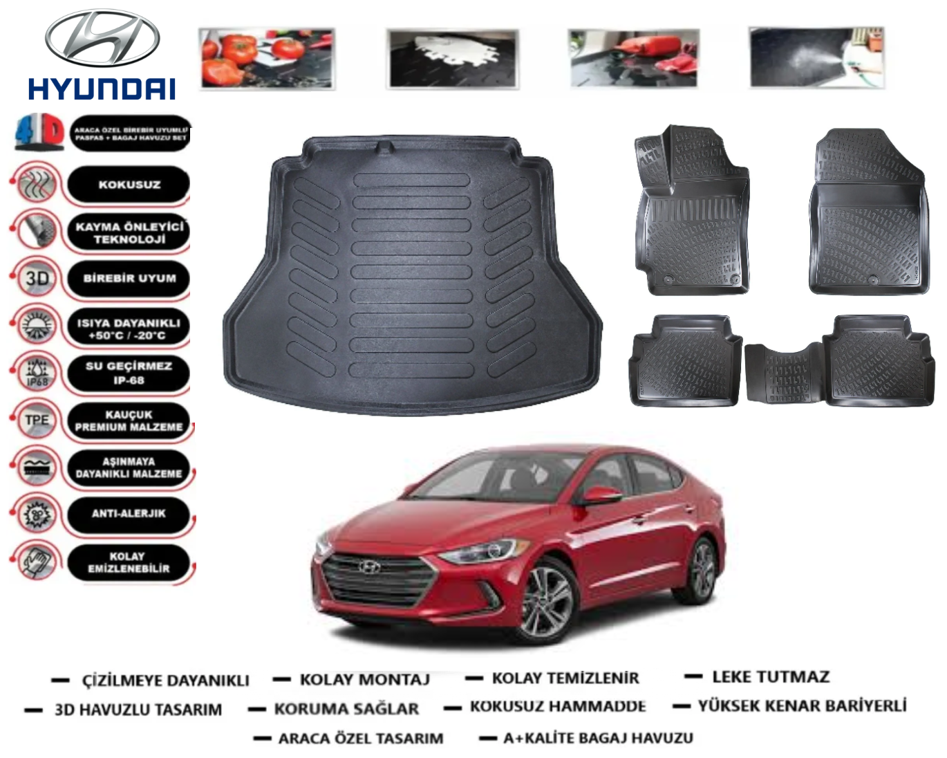 Hyundai Elantra 2015-2020 3D Bagaj Havuzu+3D Araca Özel Paspas Takımı