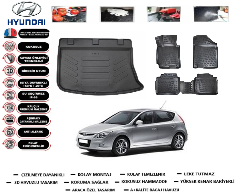 Hyundai İ30 2006-2011 3D Bagaj Havuzu+3D Araca Özel Paspas Takımı