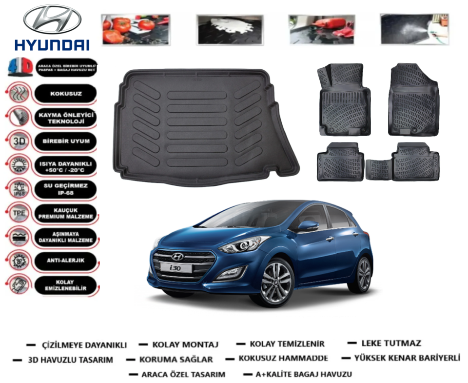 Hyundai İ30 2012-2016 3D Bagaj Havuzu+3D Araca Özel Paspas Takımı