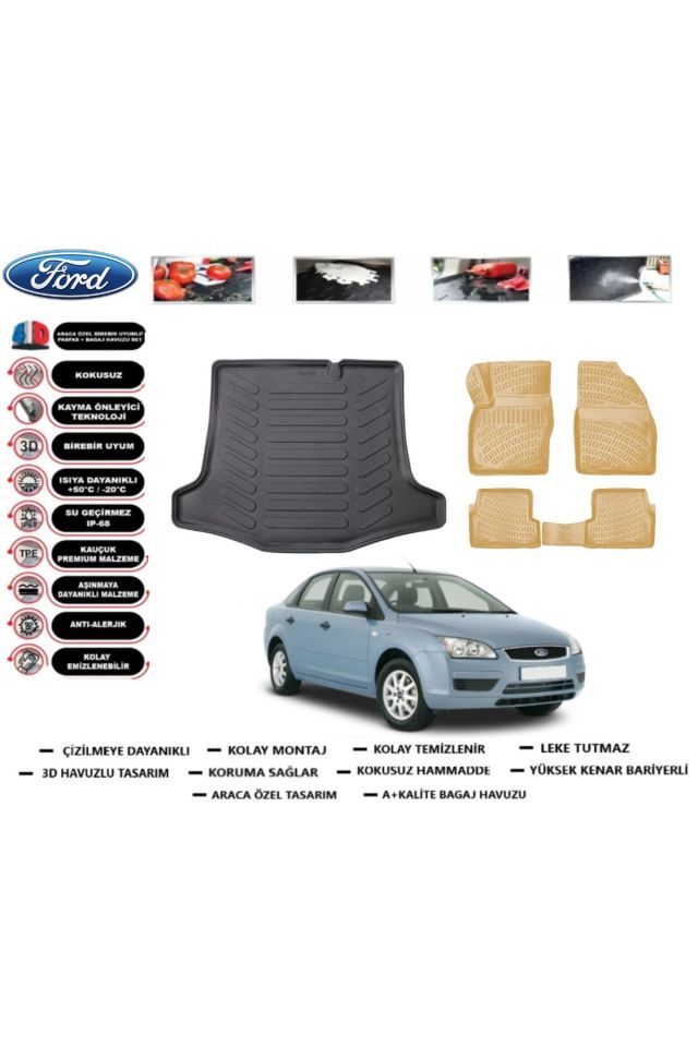 Ford Focus 2 Sedan 2010 Model Bagaj Havuzu+Araca Özel Bej Paspas Takımı Flex