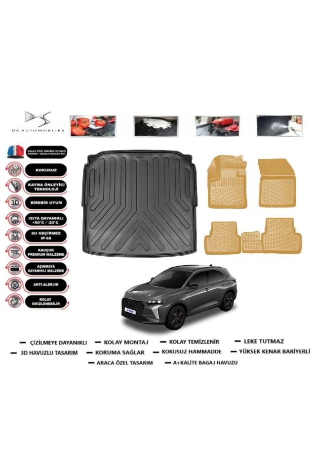DS 7 Crossback 2020 Model Alt Bagaj Havuzu+Araca Özel Bej Paspas Takımı Flex