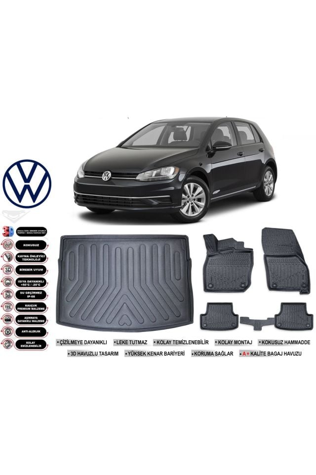 Volkswagen Golf 7 2012 Model Bagaj Havuzu Araca Özel Siyah Havuzlu Paspas Takımı Sett