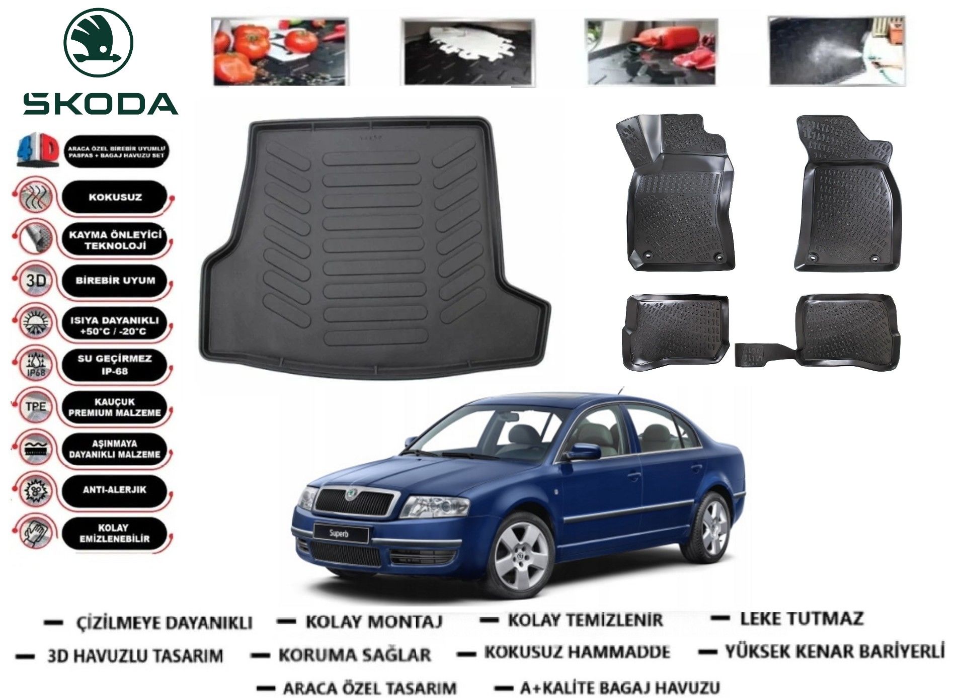 Skoda Super B 2001-2008 3D Bagaj Havuzu+3D Araca Özel Paspas Takımı