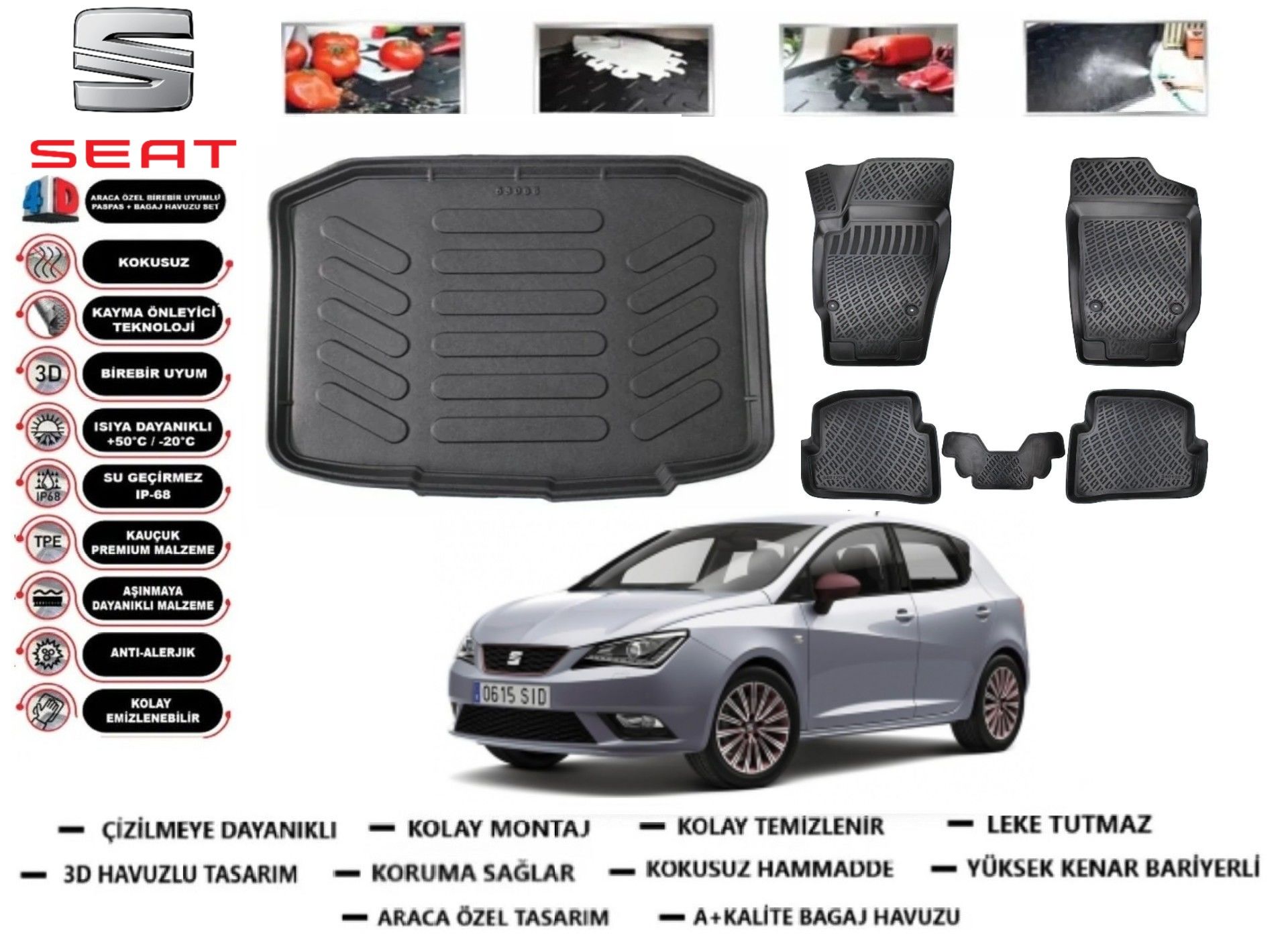 Seat İbiza HatchBack 2008-2017 3D Bagaj Havuzu+3D Araca Özel Paspas Takımı