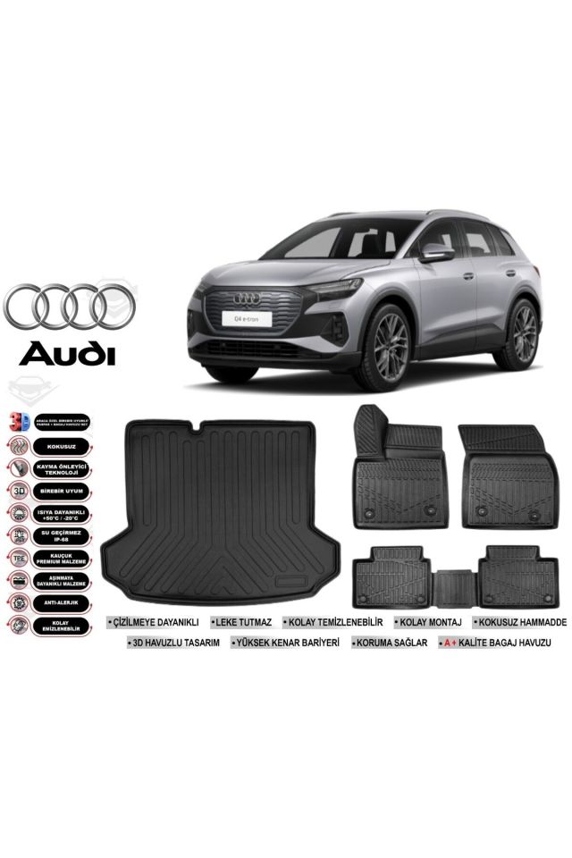 Audi Q4 E-Tron 2023 Model Bagaj Havuzu Araca Özel Siyah Havuzlu Paspas Takımı Sett