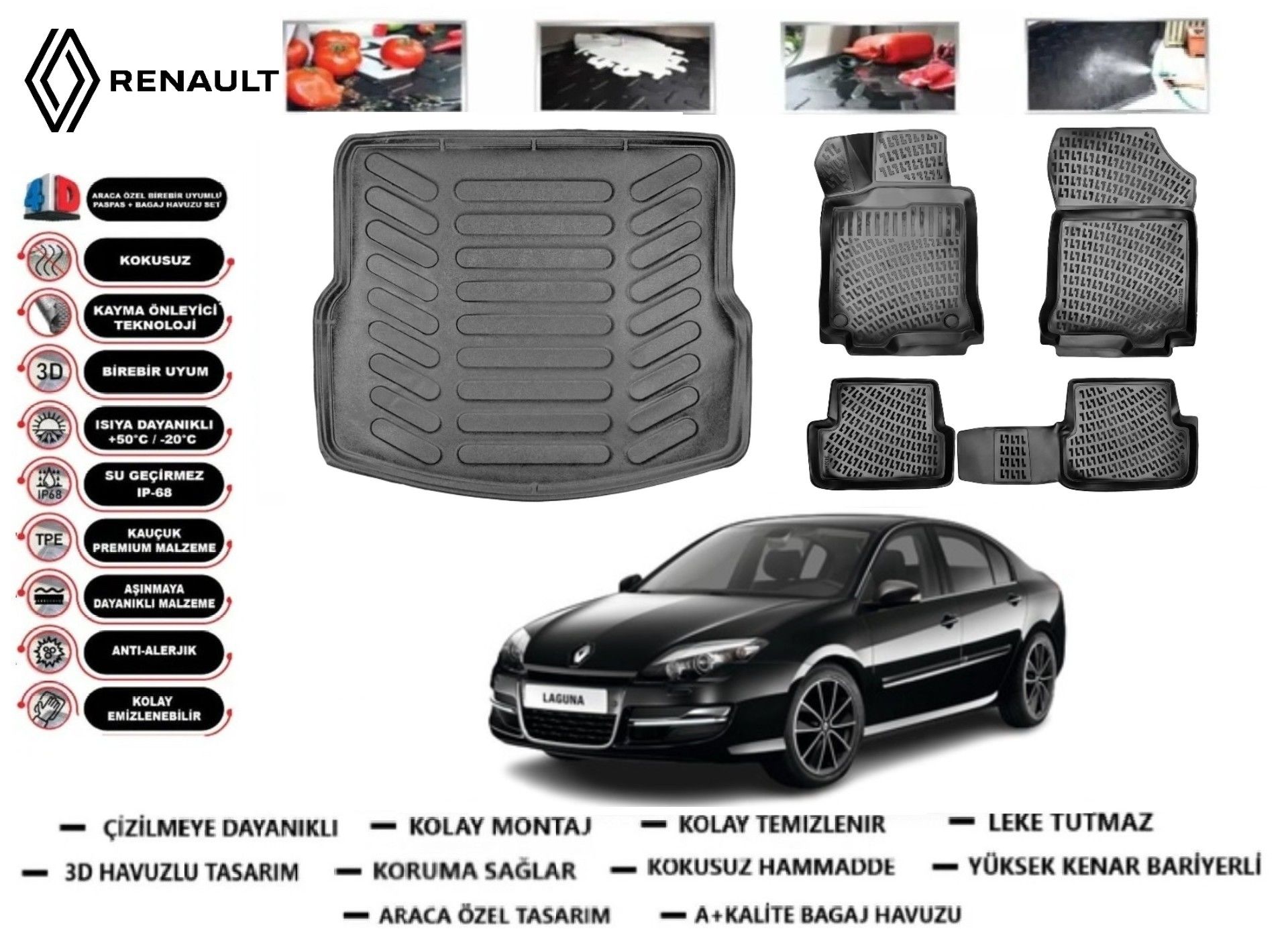 Renault Laguna 3 2007 Sonrası 3D Bagaj Havuzu+3D Araca Özel Paspas Takımı