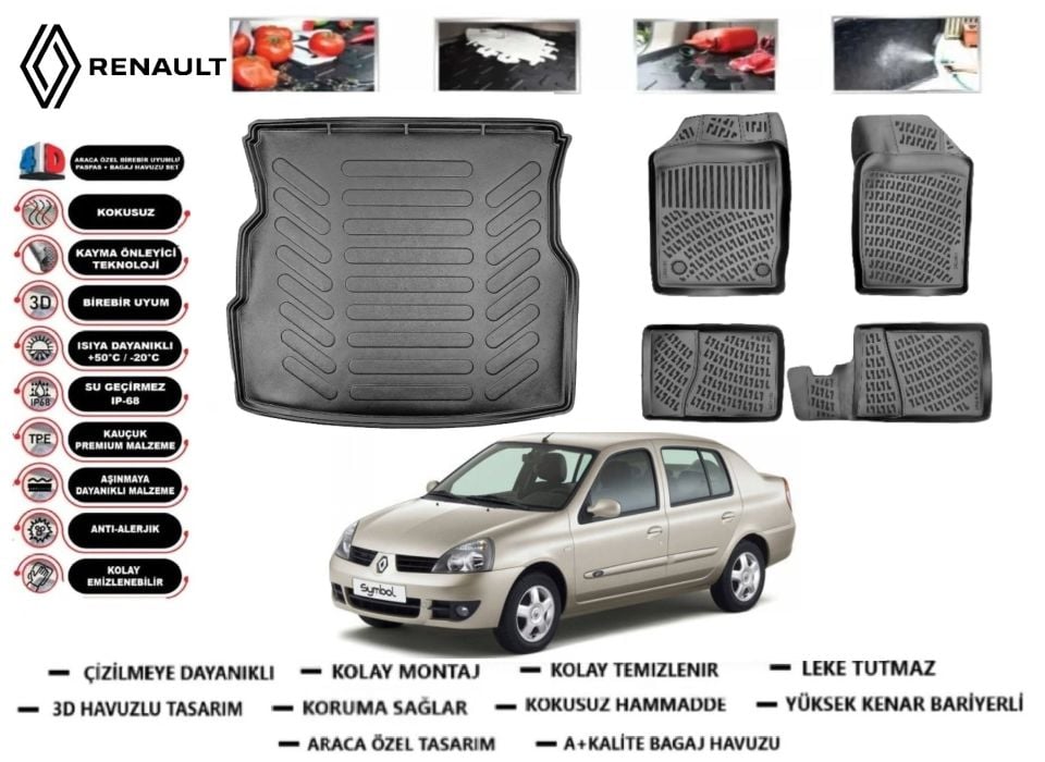 Renault Symbol 1998-2008 3D Bagaj Havuzu+3D Araca Özel Paspas Takımı