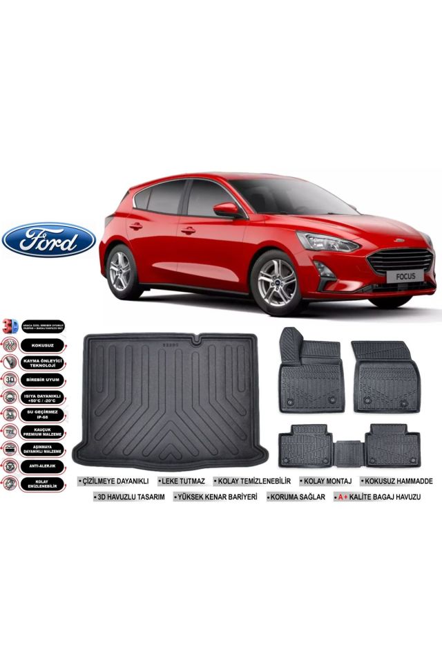 Ford Focus 5 Hatchback 2021 Model Stepneli Bagaj Havuzu Araca Özel Siyah Havuzlu Paspas Takımı Sett
