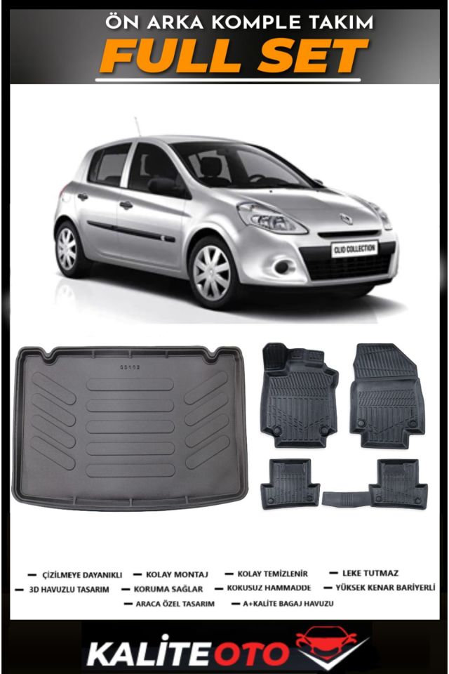 Renault Clio 3 Kancalı Bagaj Havuzu+4.5D Havuzlu Paspas Seti 2011 Model