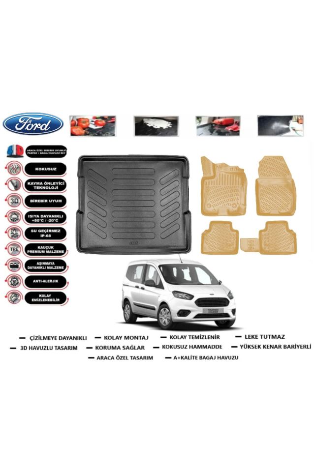 Ford Tourneo Courier 2017 Model Bagaj Havuzu(paspası)+Araca Özel Bej Paspas Takımı Flex