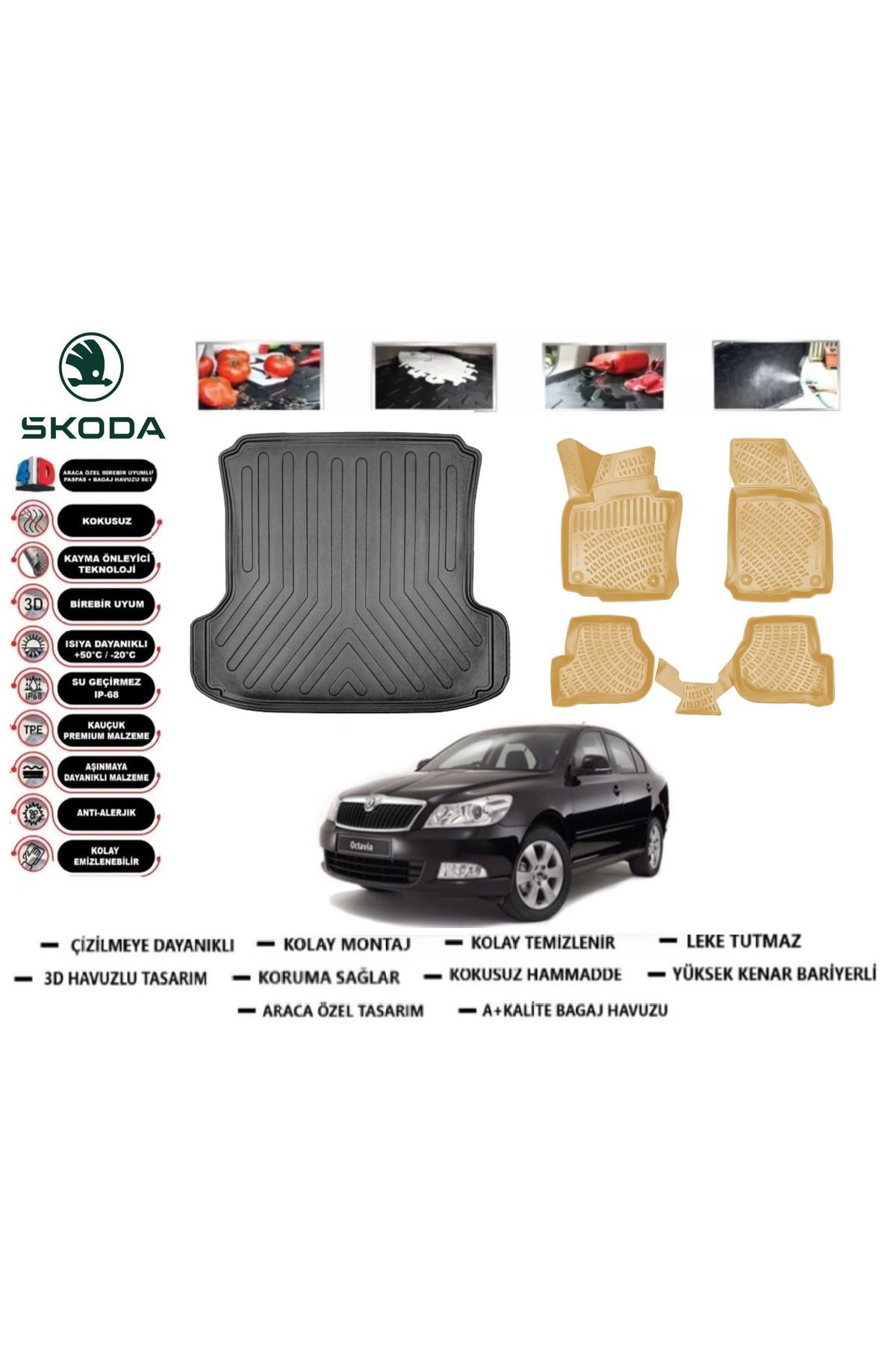 Skoda Octavia 2012 Model Bagaj Havuzu+Araca Özel Bej Paspas Takımı Flex