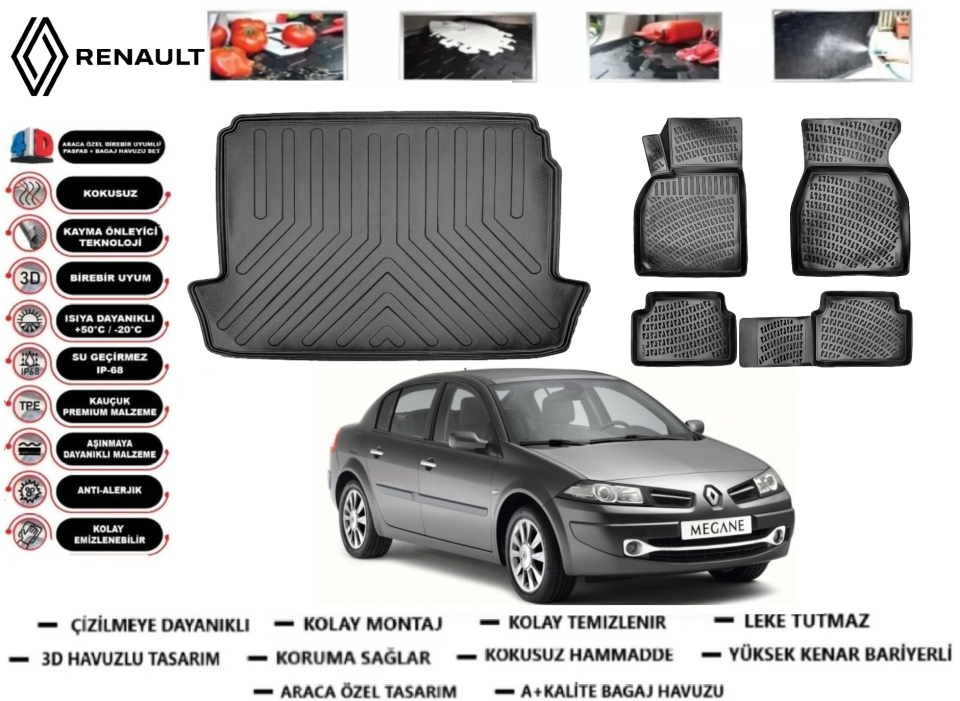 Renault Megane 2 Sedan 2002-2008  3D Bagaj Havuzu+3D Araca Özel Paspas Takımı