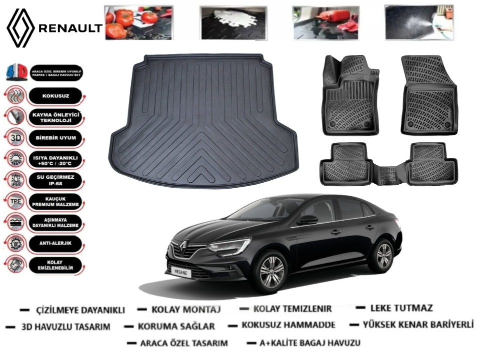 Renault Megane 4 Sedan 2016 Sonrası 3D Çift Kulaklı Bagaj Havuzu+3D Araca Özel Paspas Takımı