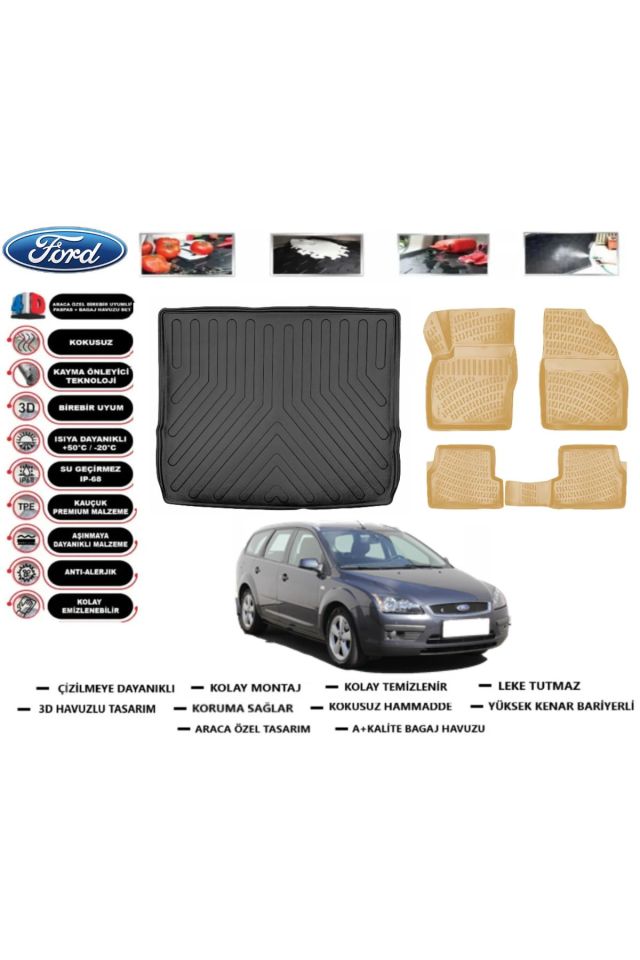 Ford Focus 2 STW 2006 Model Bagaj Havuzu(paspası)+Araca Özel Bej Paspas Takımı Flex