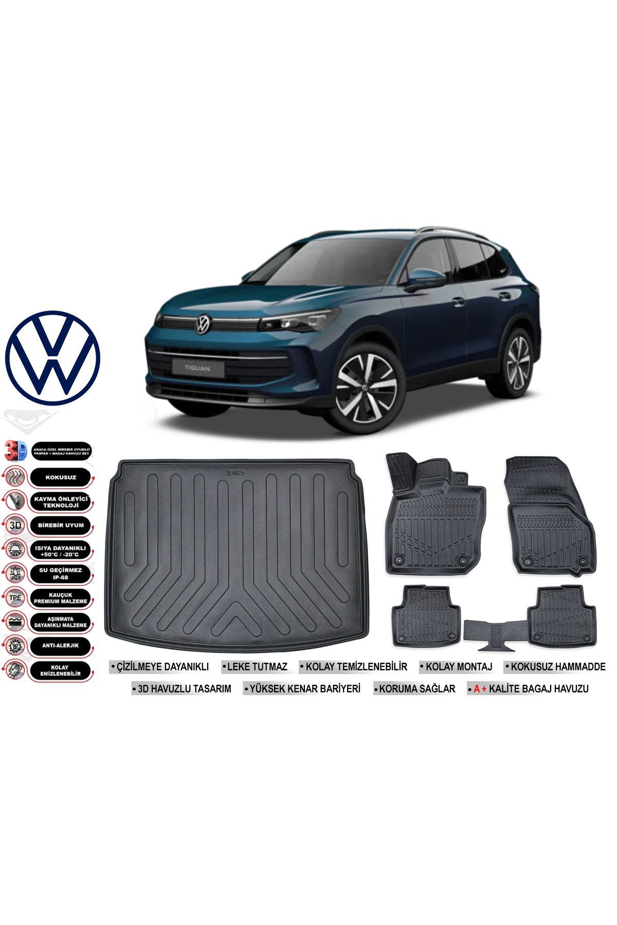 Volkswagen Tiguan 2024 Model Alt Bagaj Havuzu Araca Özel Siyah Havuzlu Paspas Takımı Sett