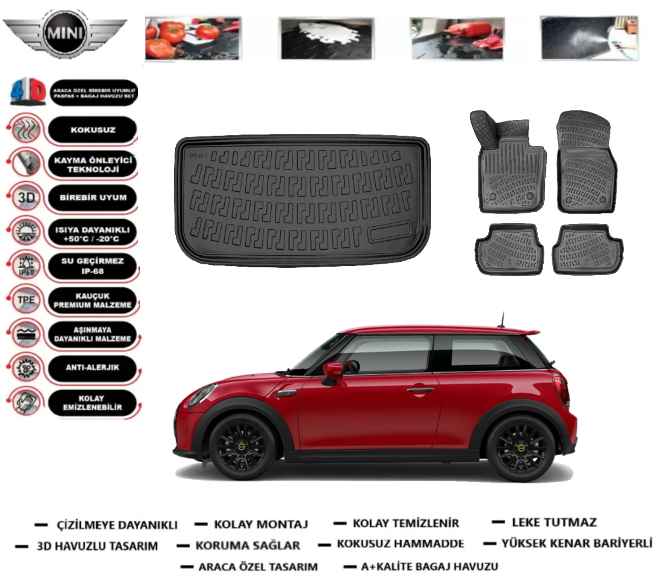 Mini Cooper Elektrikli SE F56 2021 Sonrası 3D Alt Bagaj Havuzu +3D Araca Özel Paspas Takımı