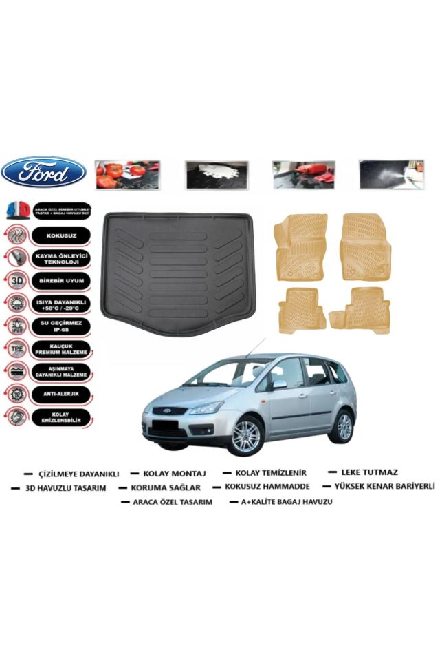 Ford C-Max 2005 Model Bagaj Havuzu+Araca Özel Bej Paspas Takımı Flex