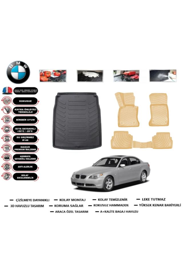 Bmw 5 serisi E60 2007 Model Bagaj Havuzu+Araca Özel Bej Paspas Takımı Flex
