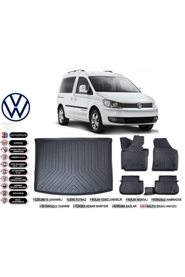 Volkswagen Caddy 2011 Model Bagaj Havuzu Araca Özel Siyah Havuzlu Paspas Takımı Sett