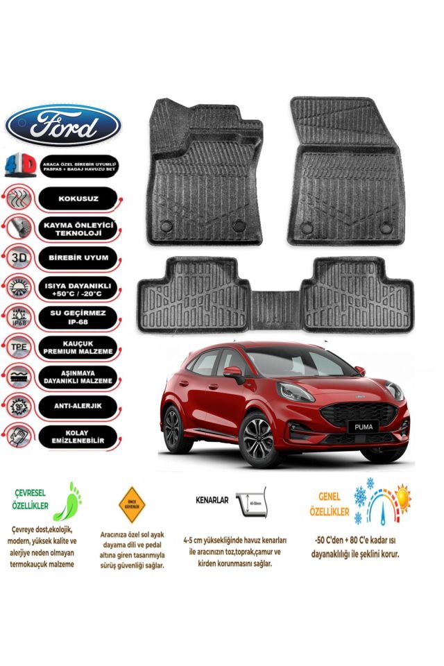 Ford Puma 2019 Sonrası 4D Araca Özel Havuzlu Kokusuz Paspas Takımı