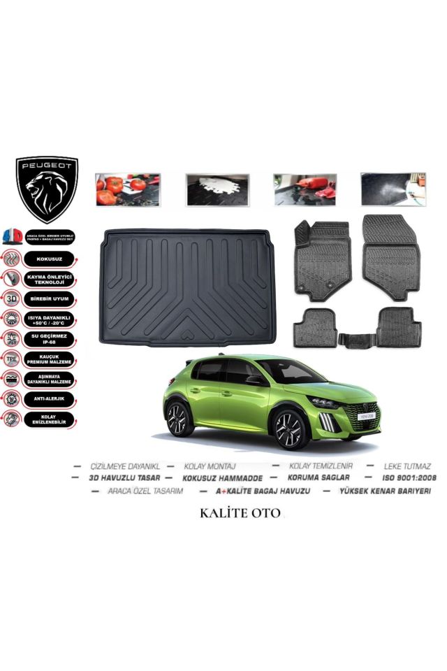 Peugeot 208 2022 Model 3D Bagaj Havuzu+4D Havuzlu Paspas Setii