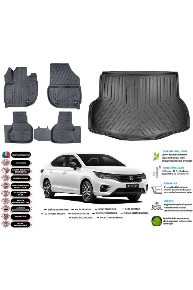 Honda City 2025 Model Esnek Bagaj Havuzu Araca Özel Siyah Paspas Takımı