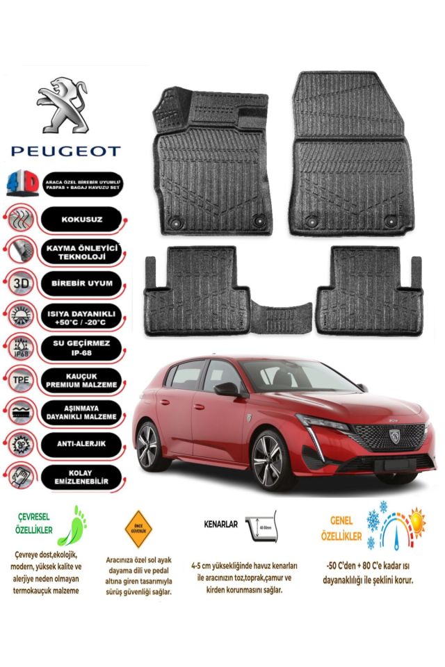 Peugeot 308 2021 Model 4D Araca Özel Havuzlu Paspas Takımı