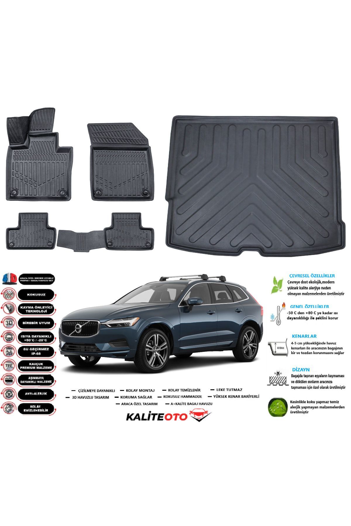 Volvo  XC60  2025 Model Esnek Bagaj Havuzu Araca Özel Siyah Paspas Takımı