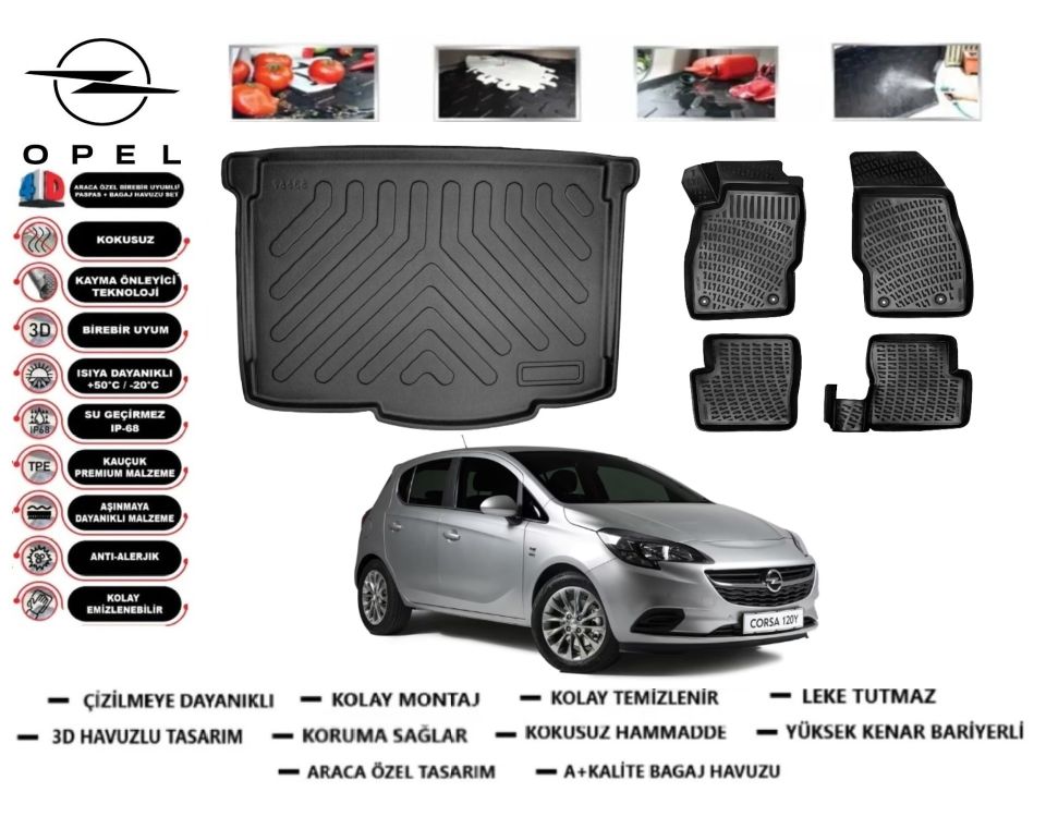 Opel Corsa E 2015-2019 3D Alt Bagaj Havuzu+3D Araca Özel Paspas Takımı