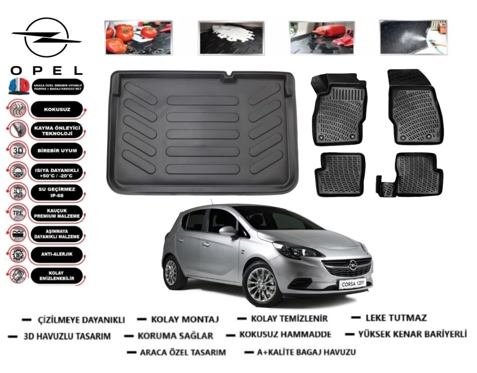 Opel Corsa E 2015-2019 3D Üst Bagaj Havuzu+3D Araca Özel Paspas Takımı