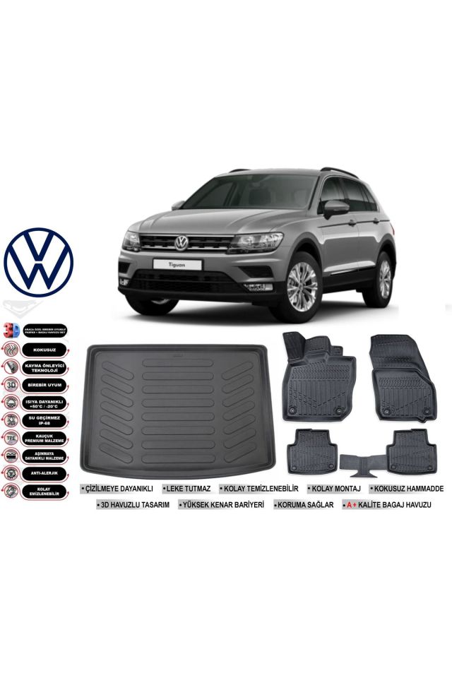 Volkswagen Tiguan 2016 Model Üst Bagaj Havuzu Araca Özel Siyah Havuzlu Paspas Takımı Sett