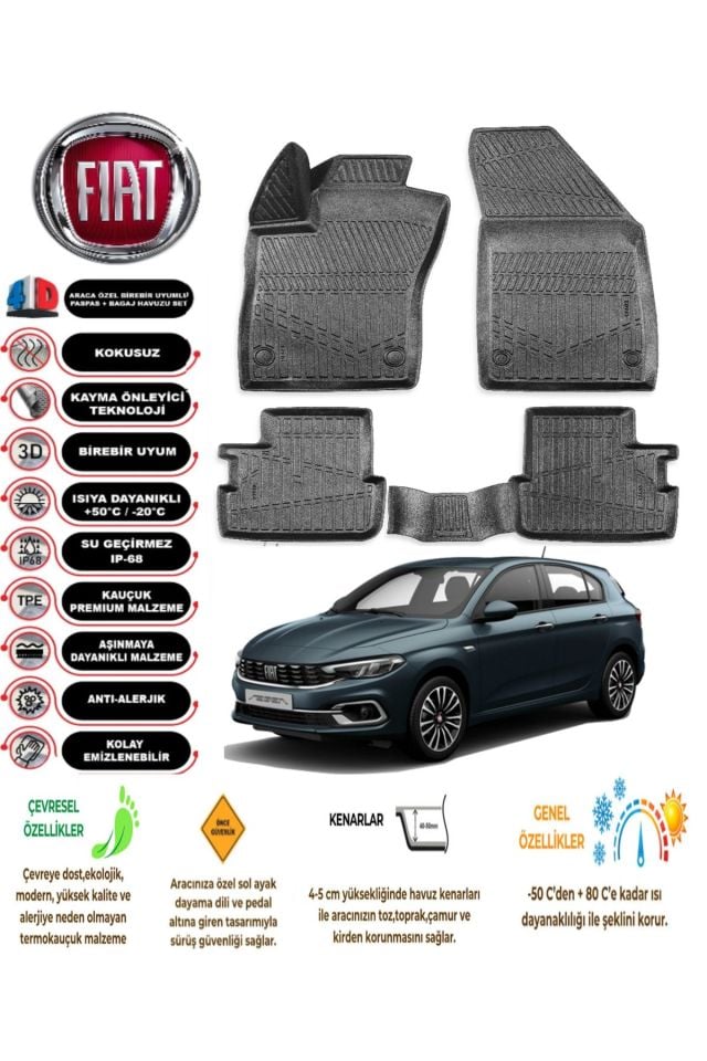 Fiat Egea Hatchback 2019 Model 4D Araca Özel Havuzlu Kokusuz Paspas Takımı