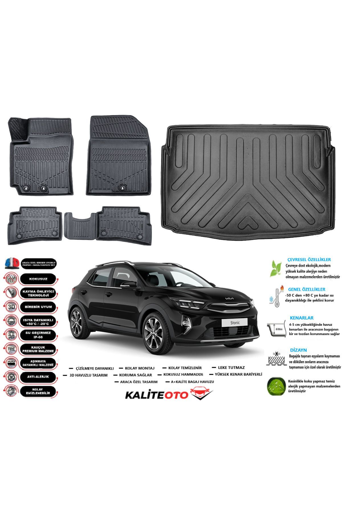 Kia Stonic 2017 Model Esnek Bagaj Havuzu Araca Özel Siyah Paspas Takımı