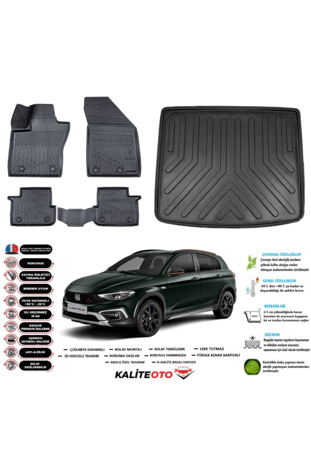 Fiat Egea Cross 2019 Model Tamir Kitli Esnek Bagaj Havuzu Araca Özel Siyah Kokusuz Paspas Takımı