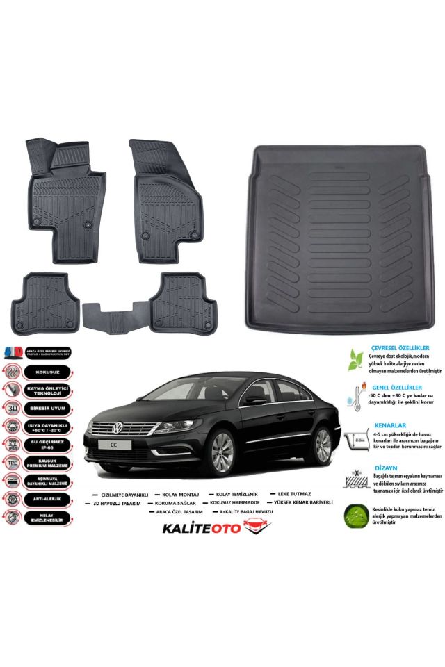 Volkswagen Passat CC 2010 Model Esnek Bagaj Havuzu Araca Özel Siyah Paspas Takımı