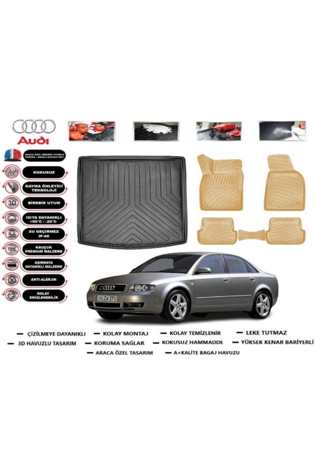 Audi A4 2001-2008 Bagaj Havuzu+Araca Özel Bej Paspas Takımı Flex