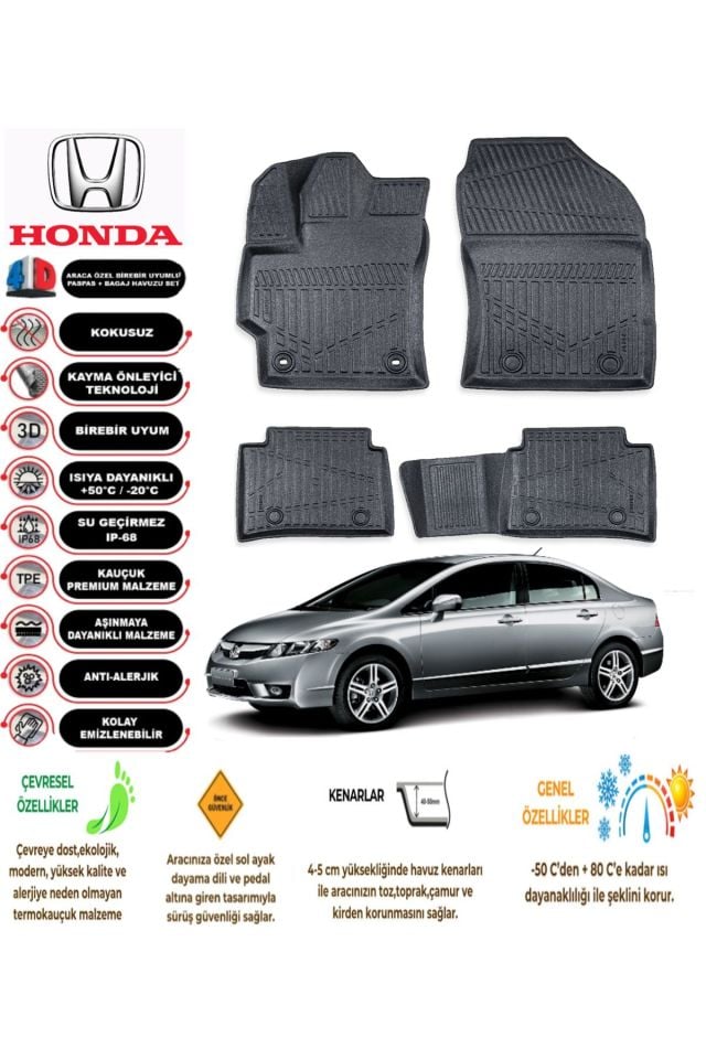 Honda Civic 2011 Model 4D Araca Özel Havuzlu Paspas Takımı