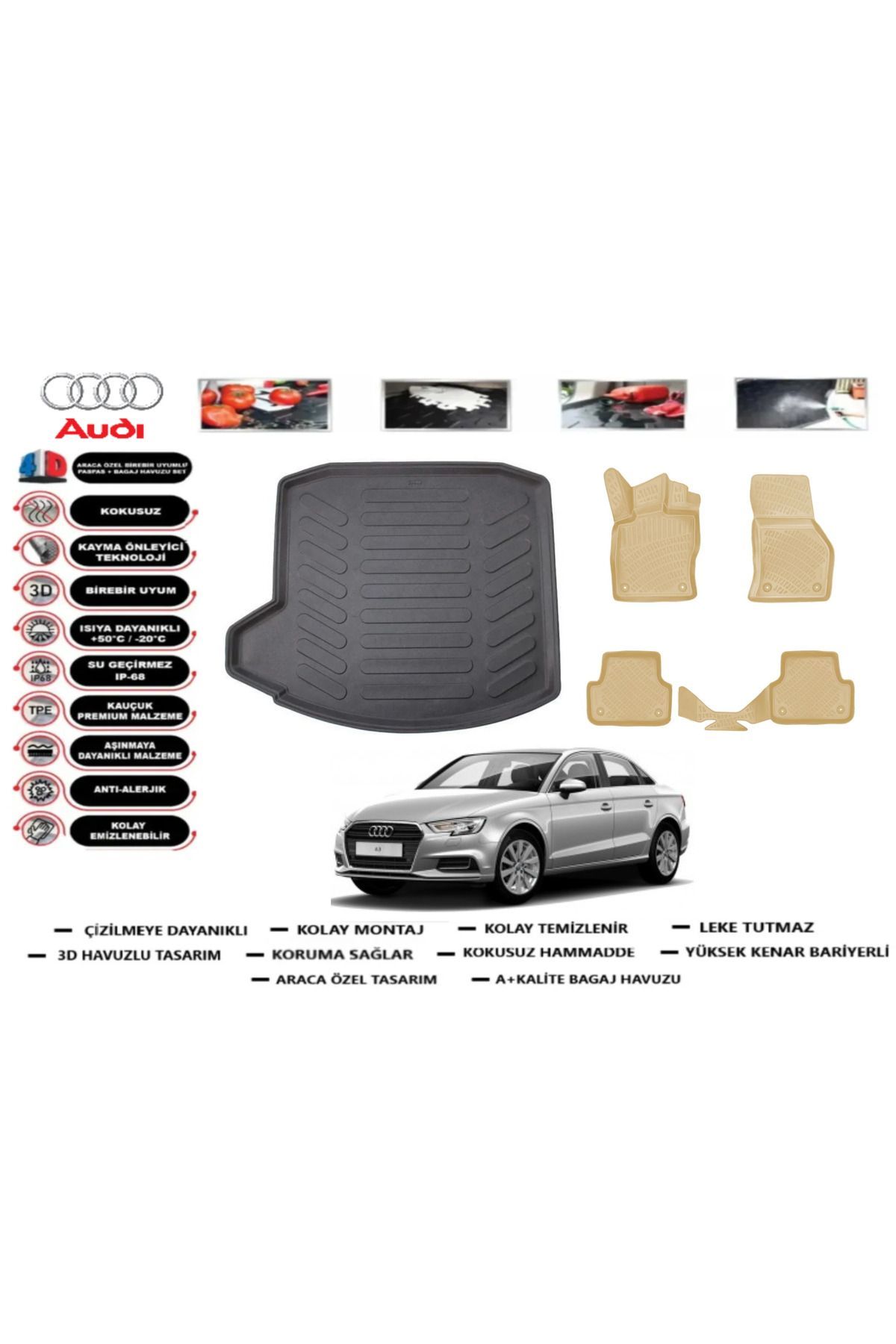 Audi A3 Sedan 2017 Model Bagaj Havuzu+Araca Özel Bej Paspas Takımı Flex