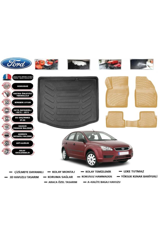 Ford Focus 2 HB 2008 Model Bagaj Havuzu+Araca Özel Bej Paspas Takımı Flex