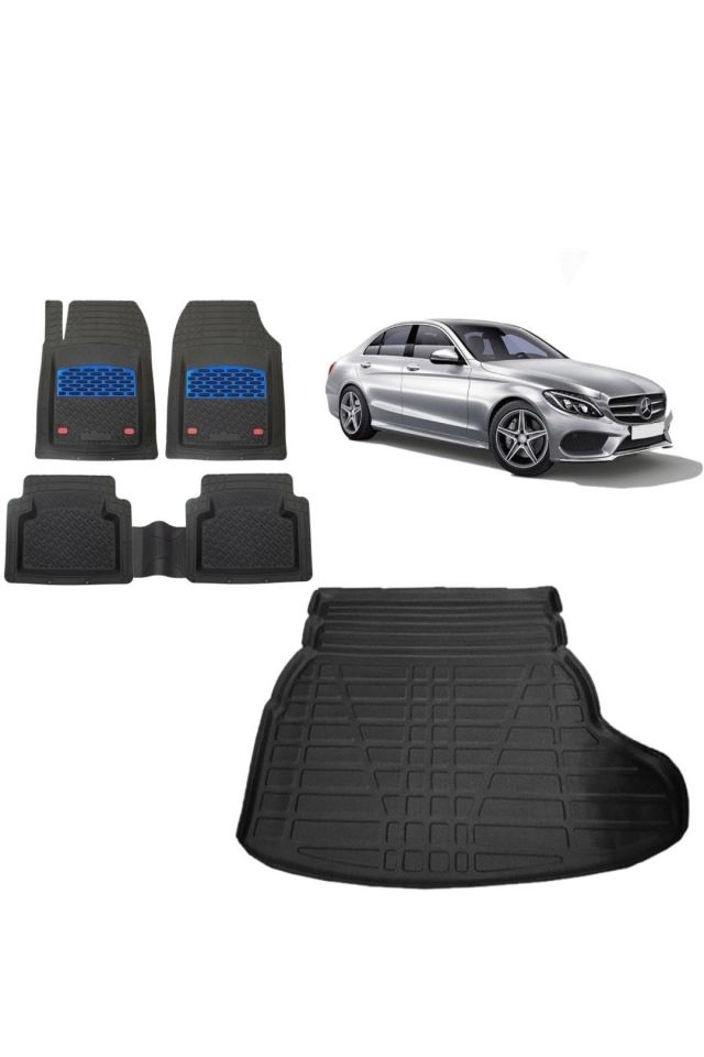 Mercedes C Seri W205 2017 Model Rampalı Kulaklı Bagaj Havuzu+3d Mavi Kromlu Havuzlu Paspas Takımı