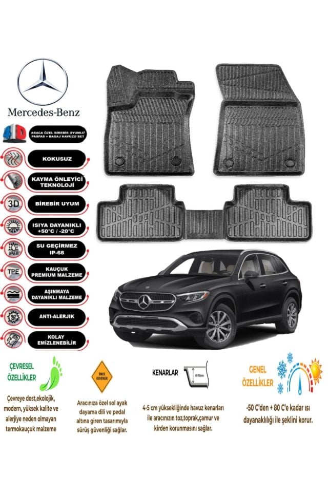 Mercedes GLC 2023 Sonrası 4D Araca Özel Havuzlu Kokusuz Paspas Takımı