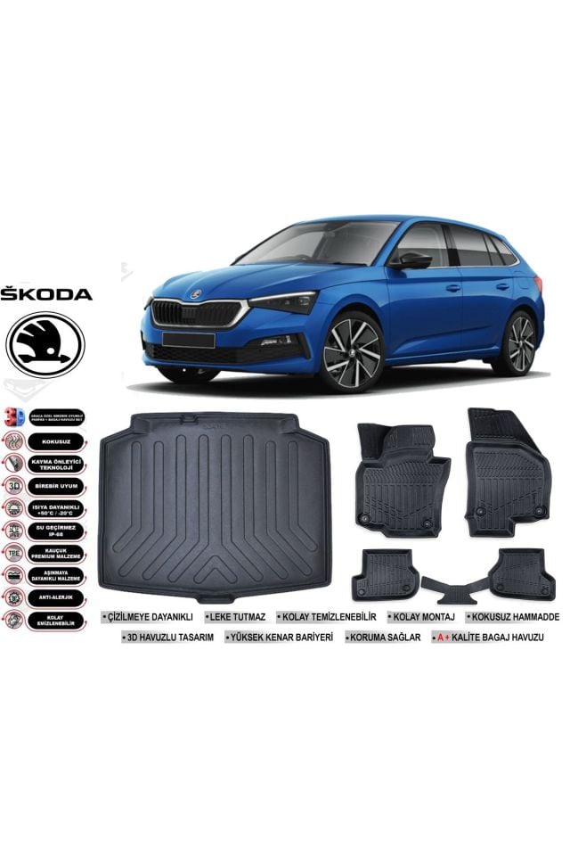 Skoda Scala 2021 Model Bagaj Havuzu Araca Özel Siyah Havuzlu Paspas Takımı Sett