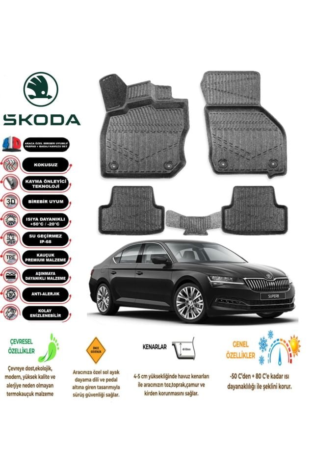 Skoda Super B 2024 Model 4D Araca Özel Havuzlu Paspas Takımı
