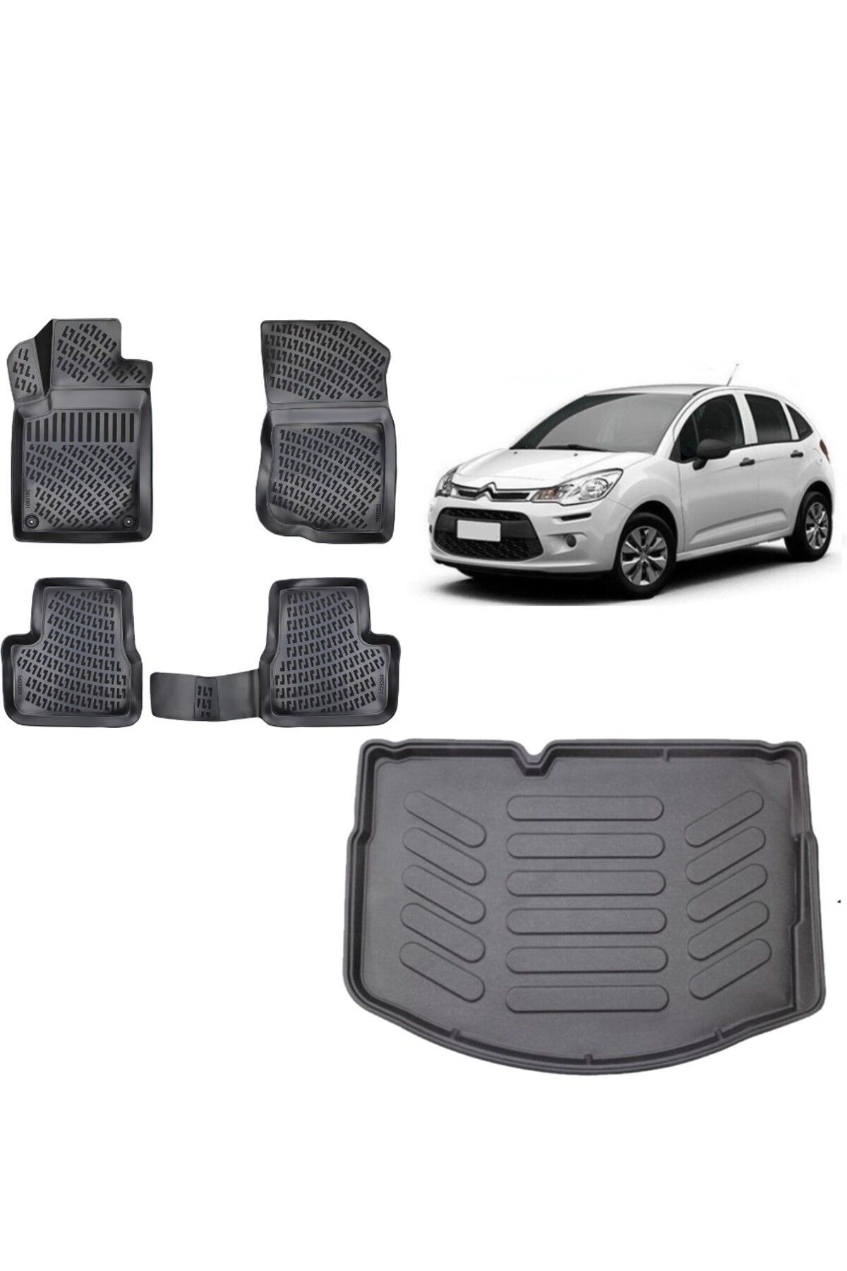 Citroen C3 2009-2016 (İnce Stepneli) 3D Bagaj Havuzu+3D Havuzlu Araca Özel Paspas Takımı