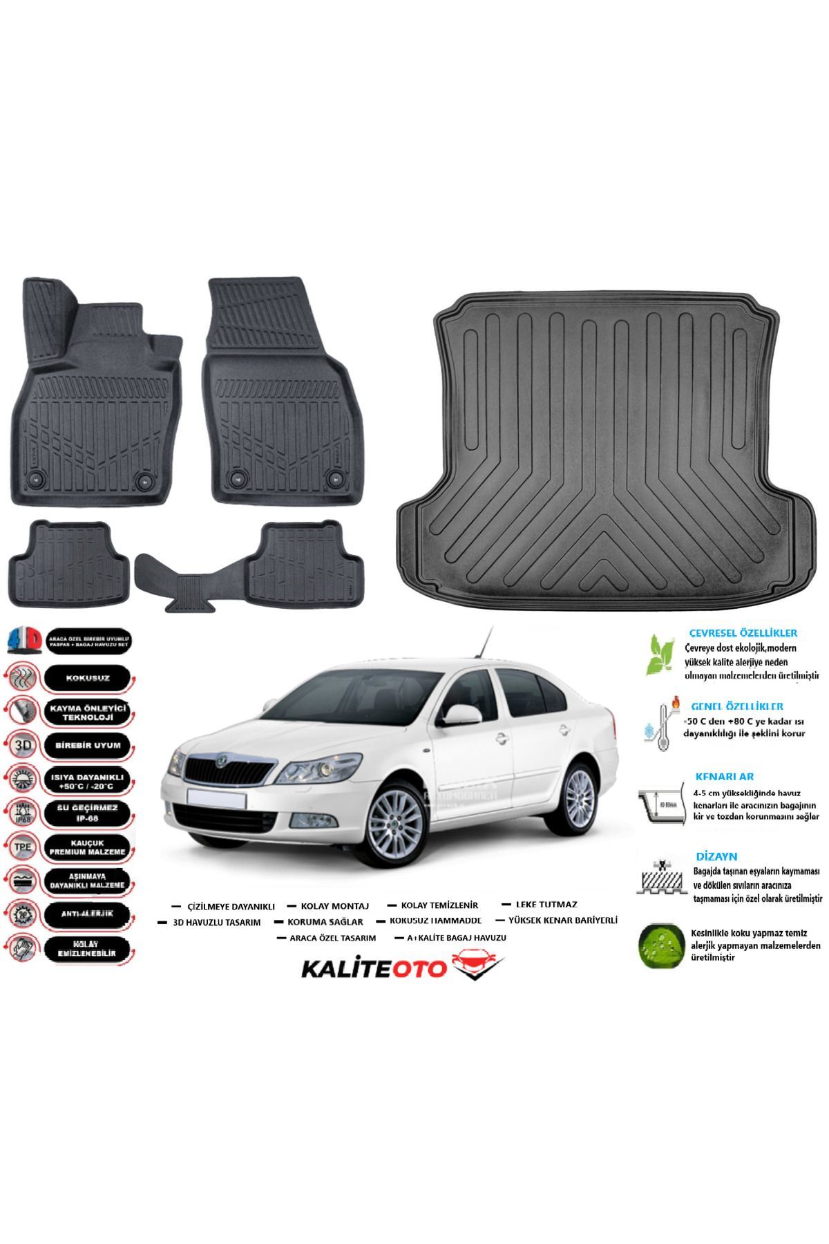 Skoda Octavia 2003 Model Esnek Bagaj Havuzu Araca Özel Siyah Paspas Takımı