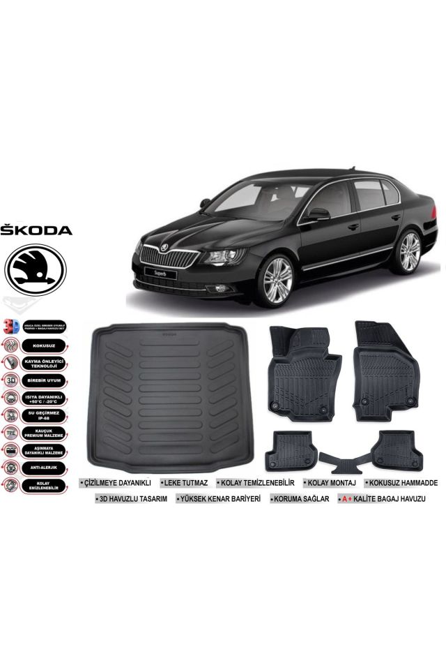 Skoda Superb 2014 Model Bagaj Havuzu Araca Özel Siyah Havuzlu Paspas Takımı Sett