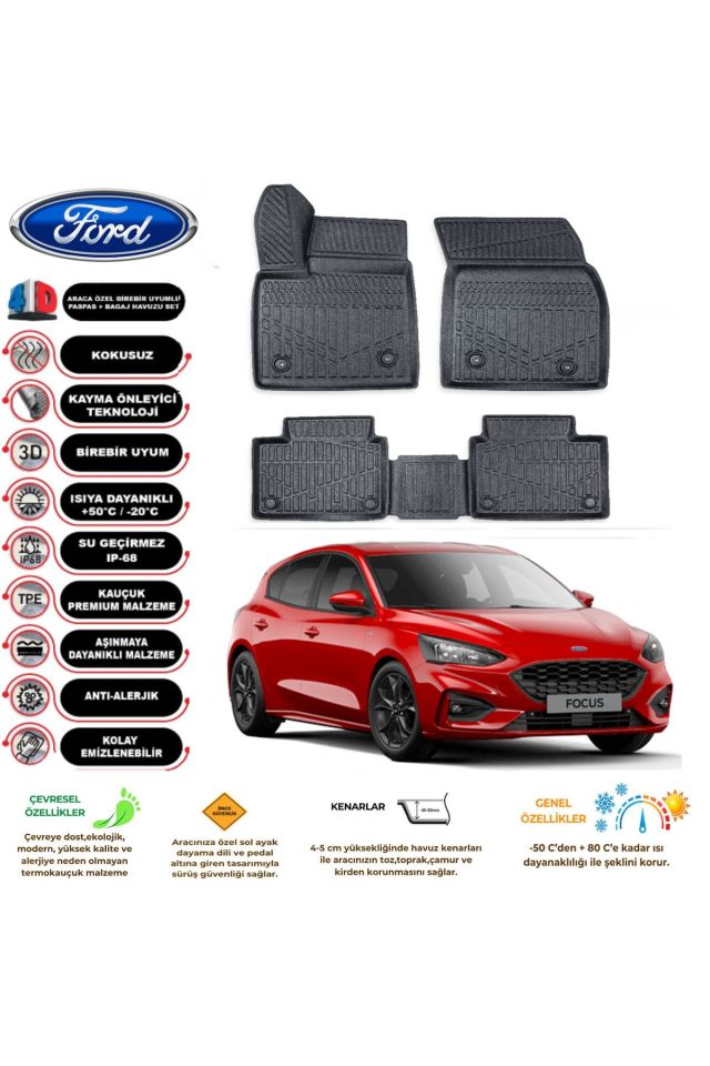 Ford Focus 5 Hatchback 2019 Sonrası 4D Araca Özel Havuzlu Kokusuz Paspas Takımıı